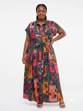 Truth-NWOT Plus Size Short Sleeve Tropical Toucan Pattern Belted Maxi Dress